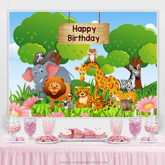 Rosa Blumen Grün Wald Karikatur Tiere Geburtstag Hintergrund