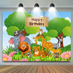 Rosa Blumen Grün Wald Karikatur Tiere Geburtstag Hintergrund