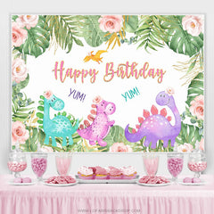 Rosa Blumen Grün Blätter Niedlich Dinosaurier Geburtstag Hintergrund