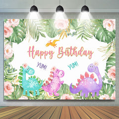 Rosa Blumen Grün Blätter Niedlich Dinosaurier Geburtstag Hintergrund
