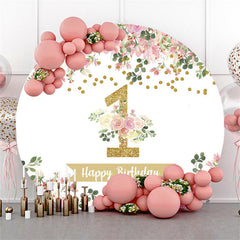 Rosa Blumen Grün Blätter Gold Glücklich 1 Geburtstag Hintergrund