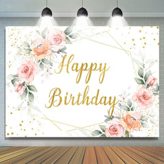 Rosa Blumen Und Funkeln Gold Glücklich Geburtstag Hintergrund