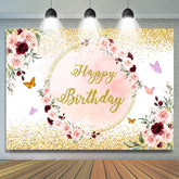 Rosa Gloden Blumen Schmetterling Glücklich Geburtstag Hintergrund