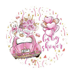 Lila Auto Mit Rosen Teddy Kreis Baby Dusche Hintergrund