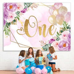 Lila Blumen Und Funkeln Luftballons 1 Geburtstag Hintergrund