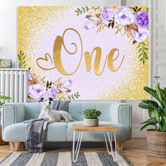 Lila Blumen Und Gold Funkeln 1 Geburtstag Hintergrund