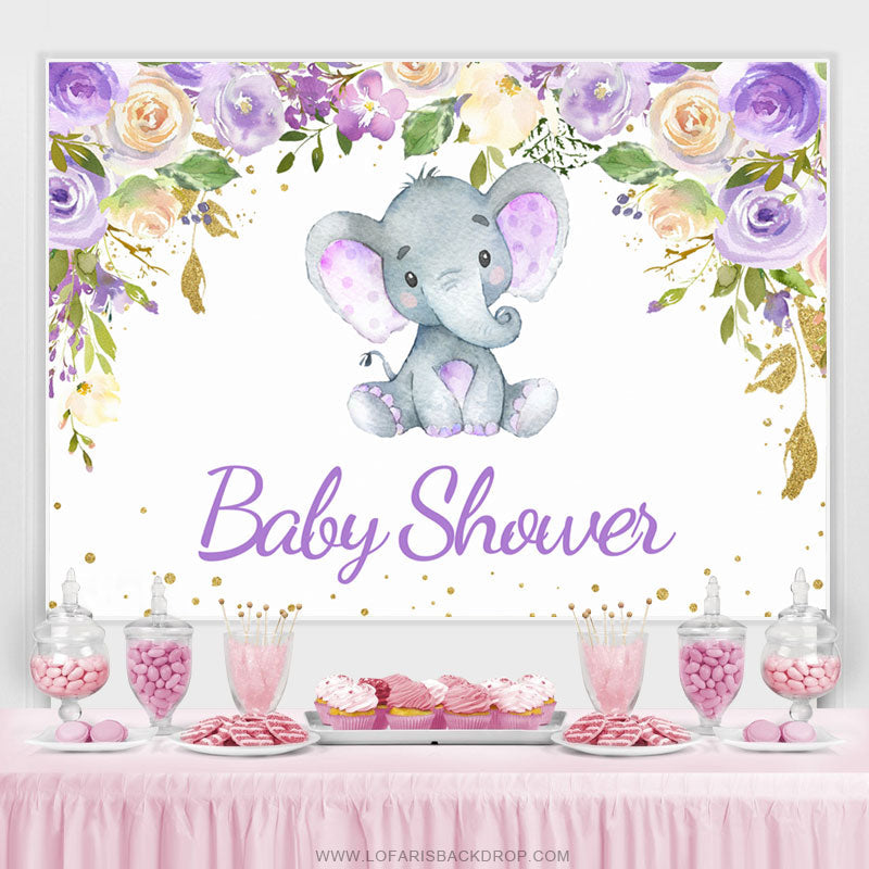 Lofaris Purple Floral Elephant White Baby Shower Backdrop Banner