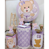Lila Blumen Teddy Tragen Runden Baby Dusche Hintergrund Bausatz