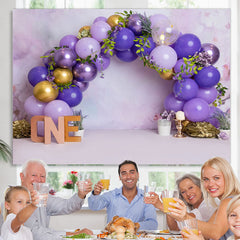 Lila Gold Luftballons Blätter Eins Glücklich Geburtstag Hintergrund