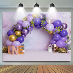 Lila Gold Luftballons Blätter Eins Glücklich Geburtstag Hintergrund