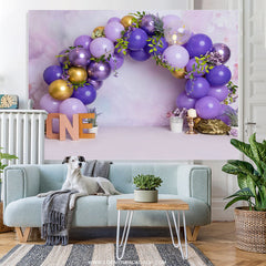 Lila Gold Luftballons Blätter Eins Glücklich Geburtstag Hintergrund