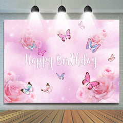 Lila Rosa Schmetterling Blumen Glücklich Geburtstag Hintergrund
