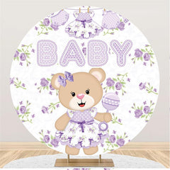 Lila Teddy Tragen Und Blumen Runden Baby Dusche Hintergrund