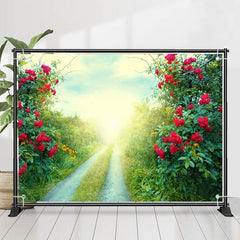 Rot Blumen Grün Gras Feld Weg Frühling Hintergrund