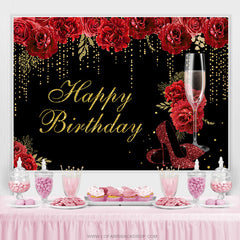 Roter Rosen Hoch Hacke Glas Glücklich Geburtstag Hintergrund