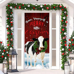 Rot Hölzern Wand Milch Kuh Schneebedeckt Weihnachten Tür Abdeckung