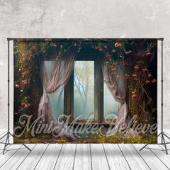 Retro Curtian Fenster Verwelken Rot Rose Baum Hintergrund