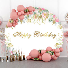 Runden Rosa Blumen Golden Blätter Glücklich Geburtstag Hintergrund