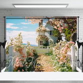 Rustikal Frühling Blumen Weiß Haus Blau Himmel Hintergrund