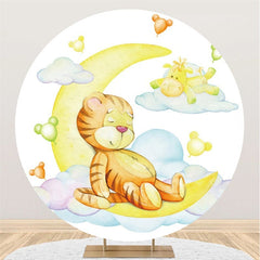 Schläfrig Niedlich Tiger Und Mond Runden Baby Dusche Hintergrund