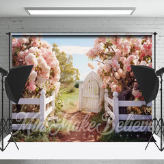 Frühling Grün Feld Weiß Zaun Rosa Frühling Hintergrund