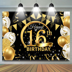 Sterne Luftballons glitzern in Schwarz als Hintergrund zum 16. Geburtstag