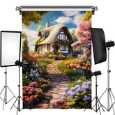 Stein Straße Land Haus Kirsche Baum Frühling Hintergrund