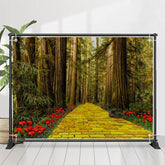 Groß Bäume Wald Ziegel Straße Blumen Frühling Hintergrund