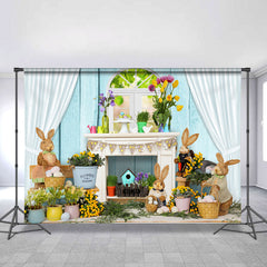 Weiß Vorhang Blau Wand Kaninchen Glücklich Ostern Hintergrund