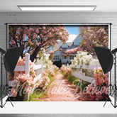 Weiß Zaun Weg Rosa Blume Baum Frühling Hintergrund