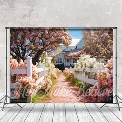 Weiß Zaun Weg Rosa Blume Baum Frühling Hintergrund