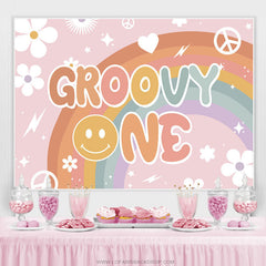 Weiss Blumen Und Regenbogen Rosa Groovig Eins Geburtstag Hintergrund