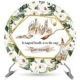 Weiß Blumen Grün Blätter Runden Baby Dusche Hintergrund