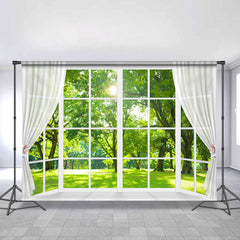 Weiß Fenster Und Grün Bäume Mit Sonnenschein Hintergrund
