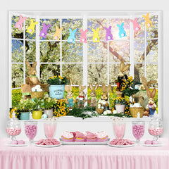 Weiß Fenster Blumen Kaninchen Glücklich Ostern Tag Hintergrund
