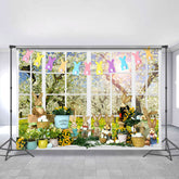 Weiß Fenster Blumen Kaninchen Glücklich Ostern Tag Hintergrund