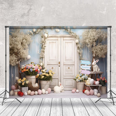 Weiß Hölzern Tür Blumen Hasen Ostern Hintergrund