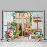 Holz Kabine Niedlich Kaninchen Blume Ostern Party Hintergrund