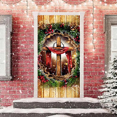 Hölzern Wand Kreuzen Grün Blätter Weihnachten Tür Abdeckung