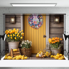 Gelb Tür Blumen Kaninchen Kranz Ostern Hintergrund