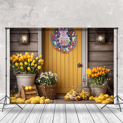 Gelb Tür Blumen Kaninchen Kranz Ostern Hintergrund