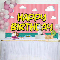 Lofaris Rosa Gestreift Happy Birthday Fotohintergrund Bunte Donuts Wolken Süßes Cartoon Deko
