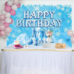 Lofaris Blaues Winterwunderland Eisschloss Happy Birthday Fotohintergrund Schneeflocken Deko