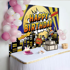 Lofaris Pop Art Happy Birthday Fotohintergrund Comicbuch Stadt Skyline Mond Feier Party Deko