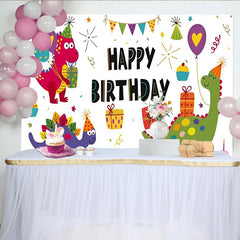 Lofaris Bunter fröhlicher Dinosaurier-Geburtstagspartyhintergrund für Kinder, mit Ballons, Geschenken und Cupcakes
