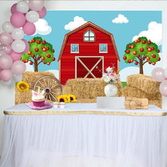 Lofaris Roter Bauernhof-Hintergrund mit Apfelbäumen, Fotokulisse für Kindergeburtstage, ländliche Partydekoration