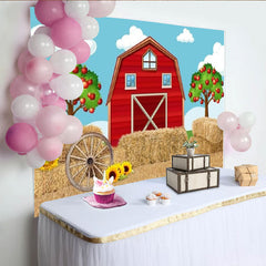 Lofaris Roter Bauernhof-Hintergrund mit Apfelbäumen, Fotokulisse für Kindergeburtstage, ländliche Partydekoration