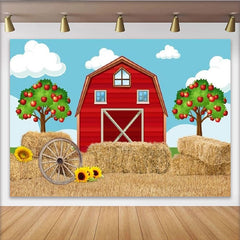 Lofaris Roter Bauernhof-Hintergrund mit Apfelbäumen, Fotokulisse für Kindergeburtstage, ländliche Partydekoration