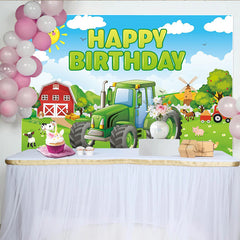 Lofaris Grüner Traktor Happy Birthday Hintergrund für Kinder, mit Bauernhoftieren und Scheune, fröhliche Partydekoration für Fotoshootings