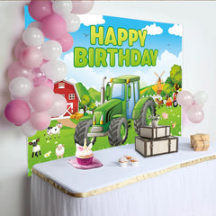 Lofaris Grüner Traktor Happy Birthday Hintergrund für Kinder, mit Bauernhoftieren und Scheune, fröhliche Partydekoration für Fotoshootings